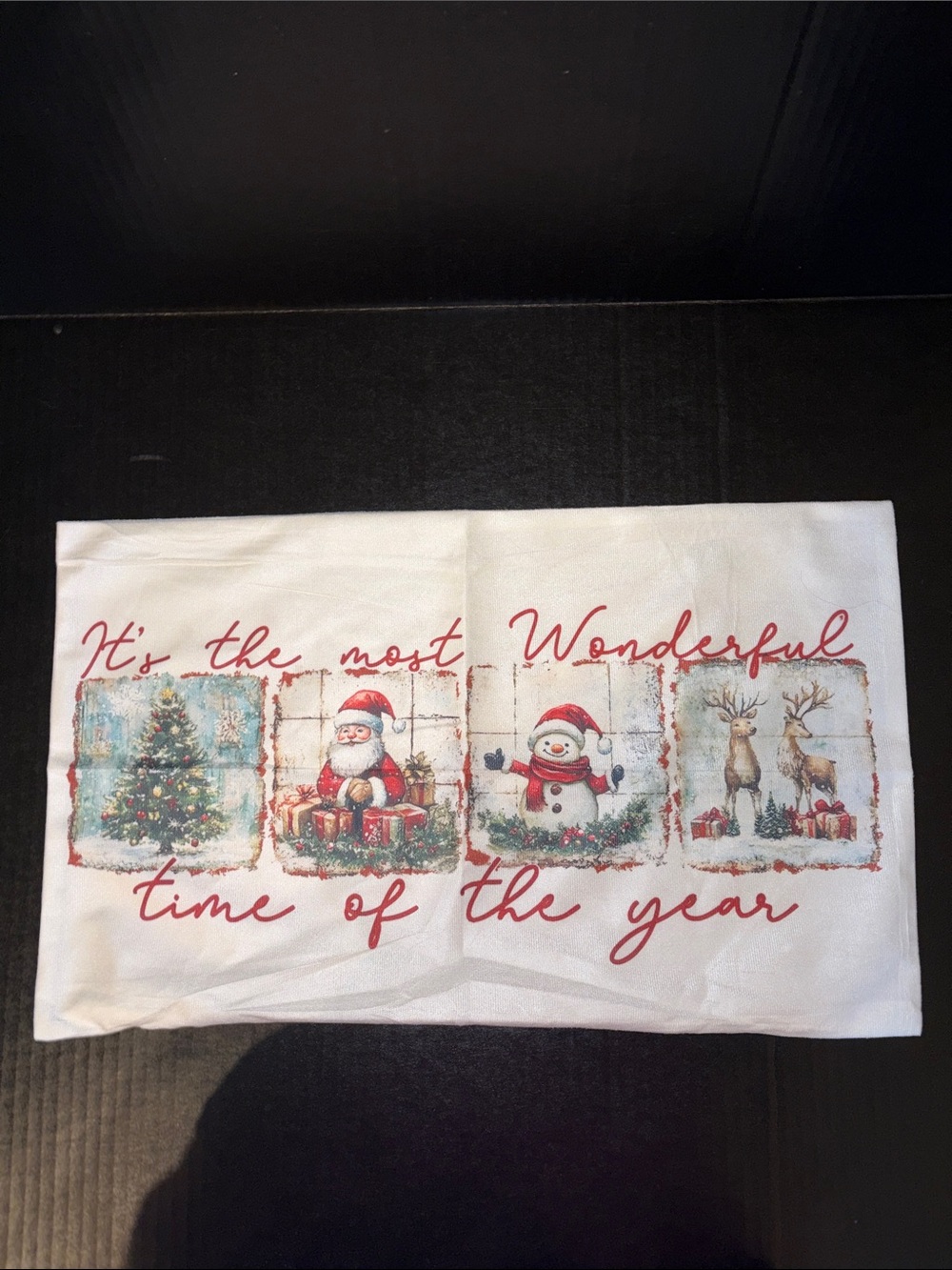 Holiday Christmas Throw pillow cover - White with Red Script and Festive Prints